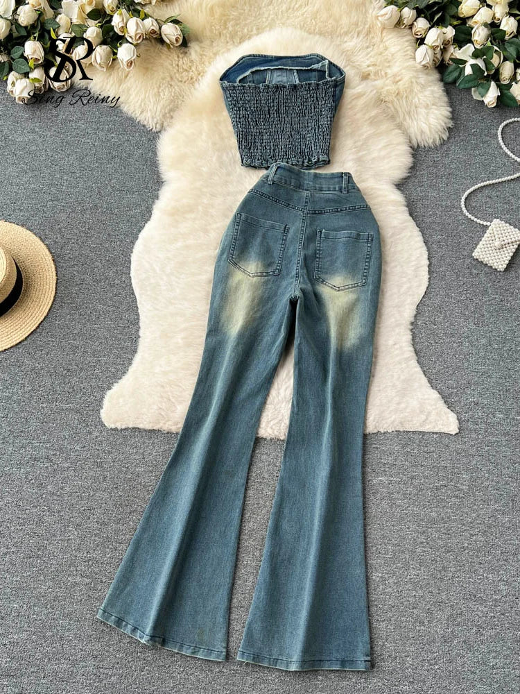 IMIEMIE SINGREINY Fashion Streetwear Denim Two Pieces Sets Women Strapless Top+Wide Legs Long Jeans Summer American Retro Sexy Suits