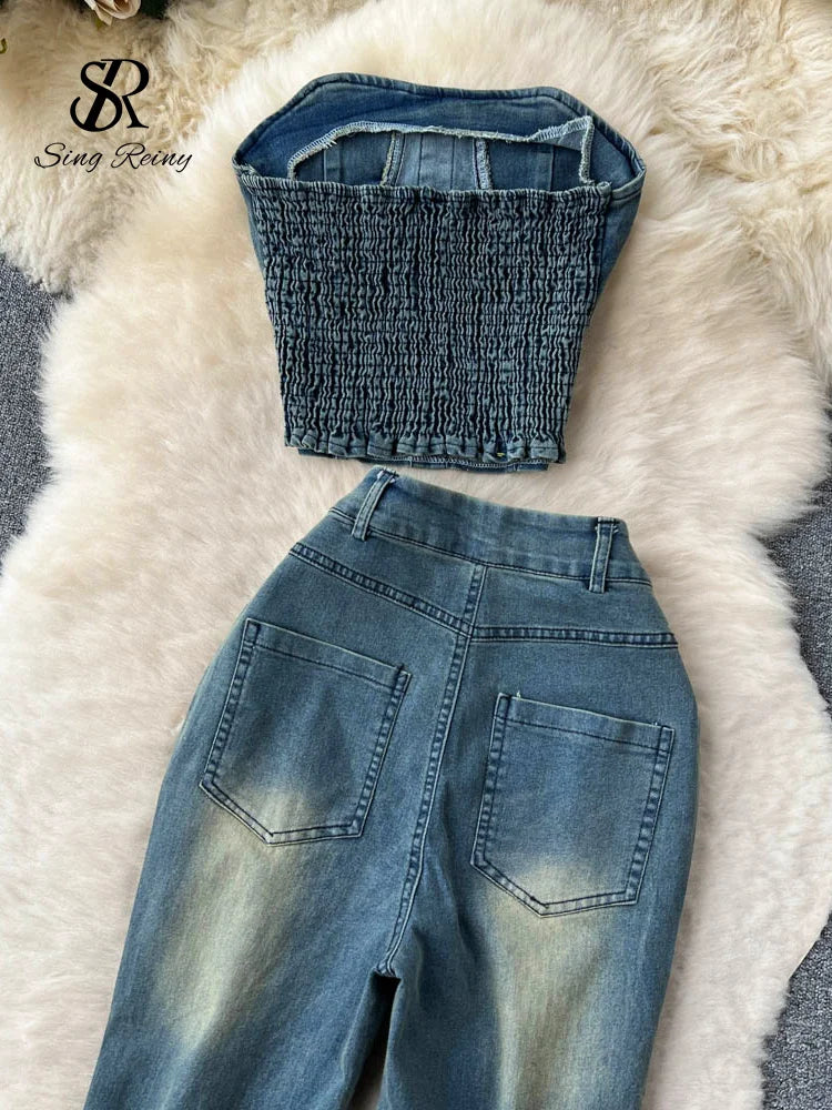 IMIEMIE SINGREINY Fashion Streetwear Denim Two Pieces Sets Women Strapless Top+Wide Legs Long Jeans Summer American Retro Sexy Suits