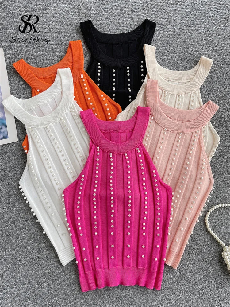 IMIEMIE SINGREINY Hotsweet Pearls Women Tops Strapless Backless Slim Fit Senior 2024 Korean Style Fashion Streetwear Mini Knitted Tank