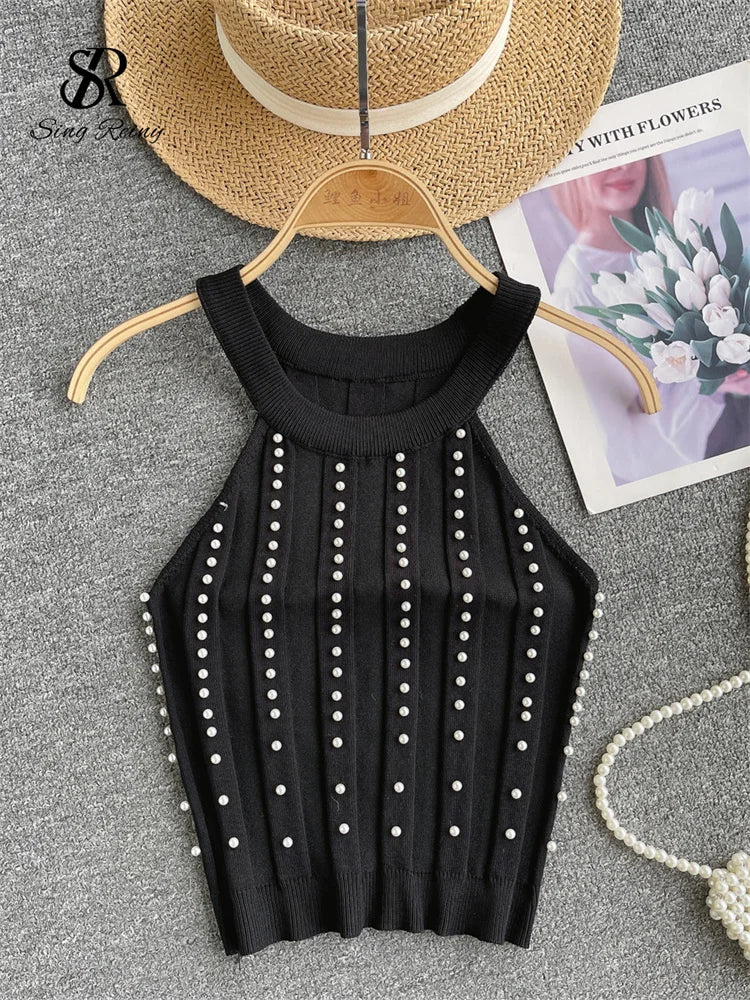 IMIEMIE SINGREINY Hotsweet Pearls Women Tops Strapless Backless Slim Fit Senior 2024 Korean Style Fashion Streetwear Mini Knitted Tank