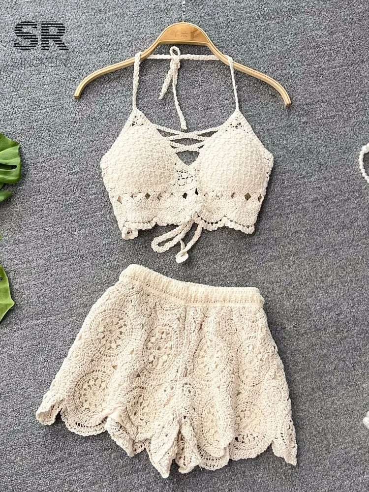 IMIEMIE SINGREINY Knit Two Piece Sets Women Summer Vacation Backless Camisole Elastic Waist Shorts Hollow Out Y2K Beach Style Suits