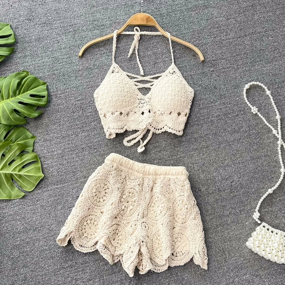 IMIEMIE SINGREINY Knit Two Piece Sets Women Summer Vacation Backless Camisole Elastic Waist Shorts Hollow Out Y2K Beach Style Suits