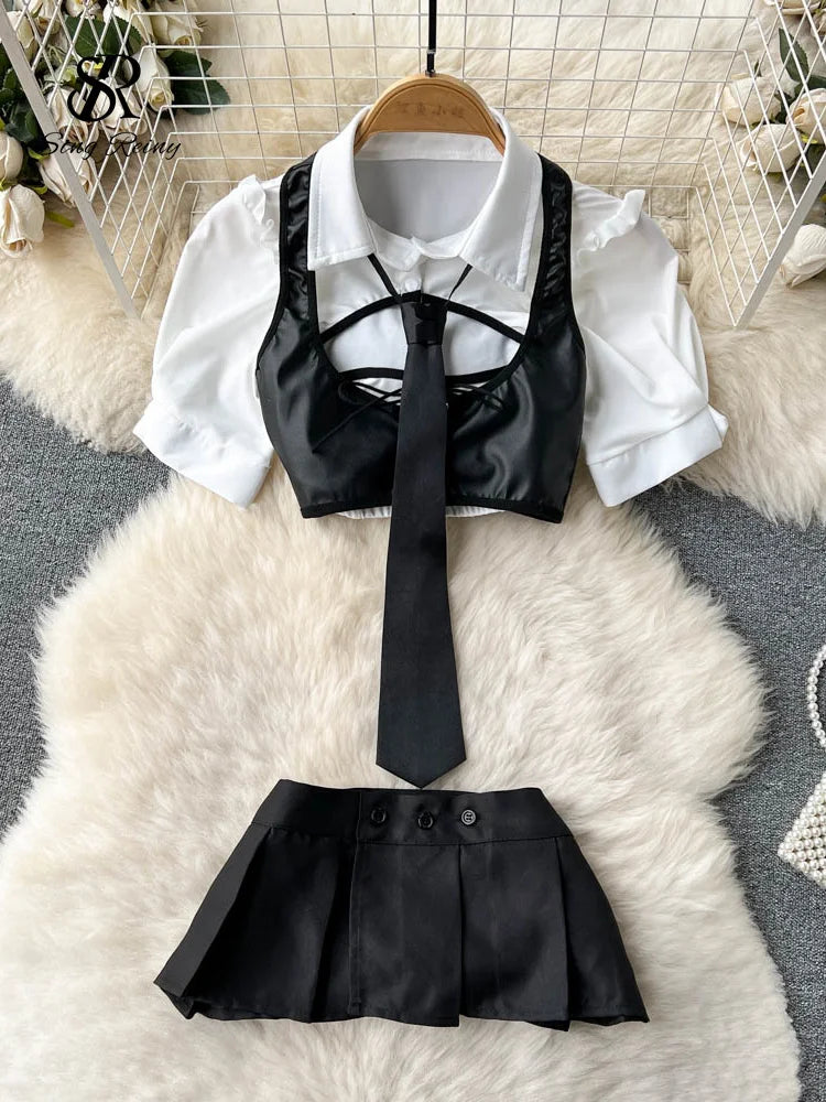 IMIEMIE SINGREINY Preppy Style Erotic Skirt Suits Fashion Short Sleeve Tops+Button Mini Skirt Suit Women Hollow Out Sexy 2 Pieces Sets