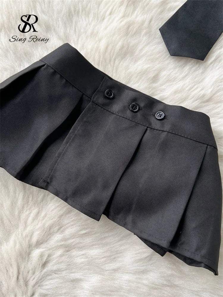 IMIEMIE SINGREINY Preppy Style Erotic Skirt Suits Fashion Short Sleeve Tops+Button Mini Skirt Suit Women Hollow Out Sexy 2 Pieces Sets