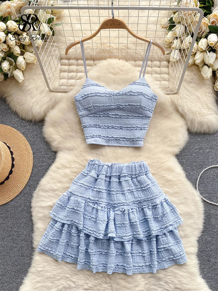 IMIEMIE SINGREINY Sweet Ruched Two Pieces Sets V Neck Strap Crop Tops+Short Pleated Skirt Women Korean Style Chic Summer Beachwear Suits