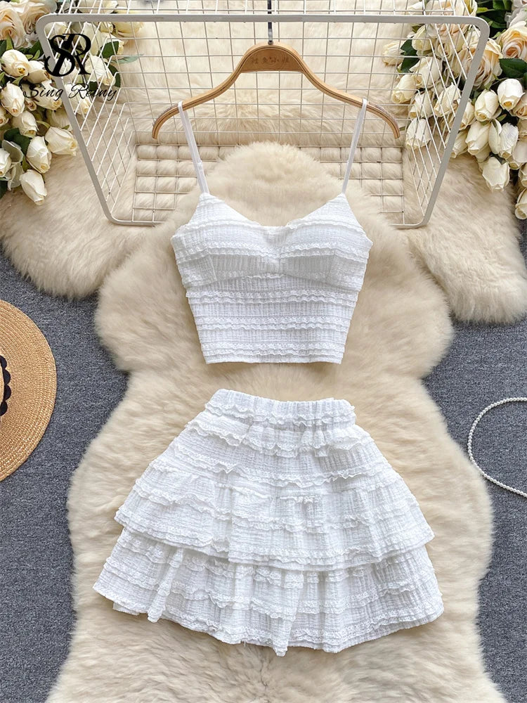 IMIEMIE SINGREINY Sweet Ruched Two Pieces Sets V Neck Strap Crop Tops+Short Pleated Skirt Women Korean Style Chic Summer Beachwear Suits