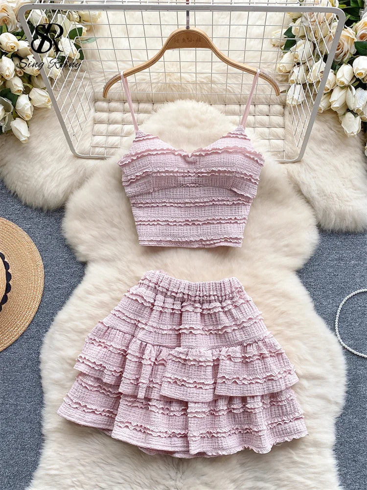 IMIEMIE SINGREINY Sweet Ruched Two Pieces Sets V Neck Strap Crop Tops+Short Pleated Skirt Women Korean Style Chic Summer Beachwear Suits