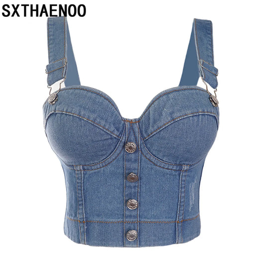 IMIEMIE SXTHAENOO Fashion Sexy Denim Jeans Women Button Bustier Bra Party Night Club Party Cropped Top Vest Plus Size Ropa De Mujer