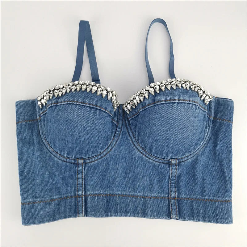 IMIEMIE SXTHAENOO Fashion Sexy Denim Jeans Women Button Bustier Bra Party Night Club Party Cropped Top Vest Plus Size Ropa De Mujer