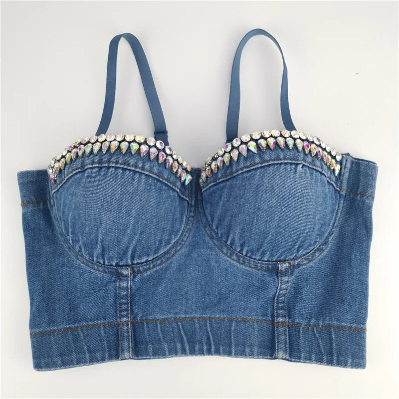 IMIEMIE SXTHAENOO Fashion Sexy Denim Jeans Women Button Bustier Bra Party Night Club Party Cropped Top Vest Plus Size Ropa De Mujer