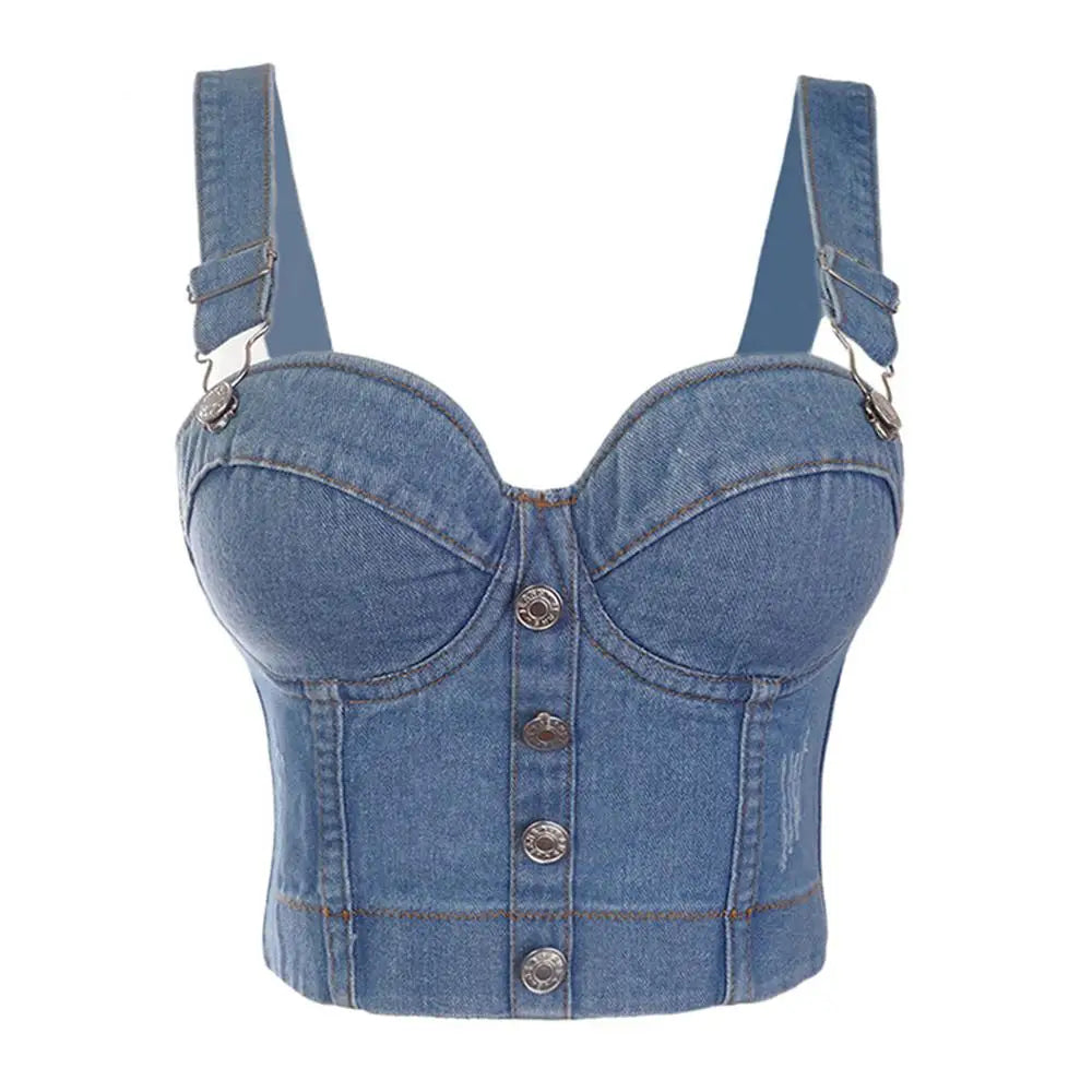 IMIEMIE SXTHAENOO Fashion Sexy Denim Jeans Women Button Bustier Bra Party Night Club Party Cropped Top Vest Plus Size Ropa De Mujer