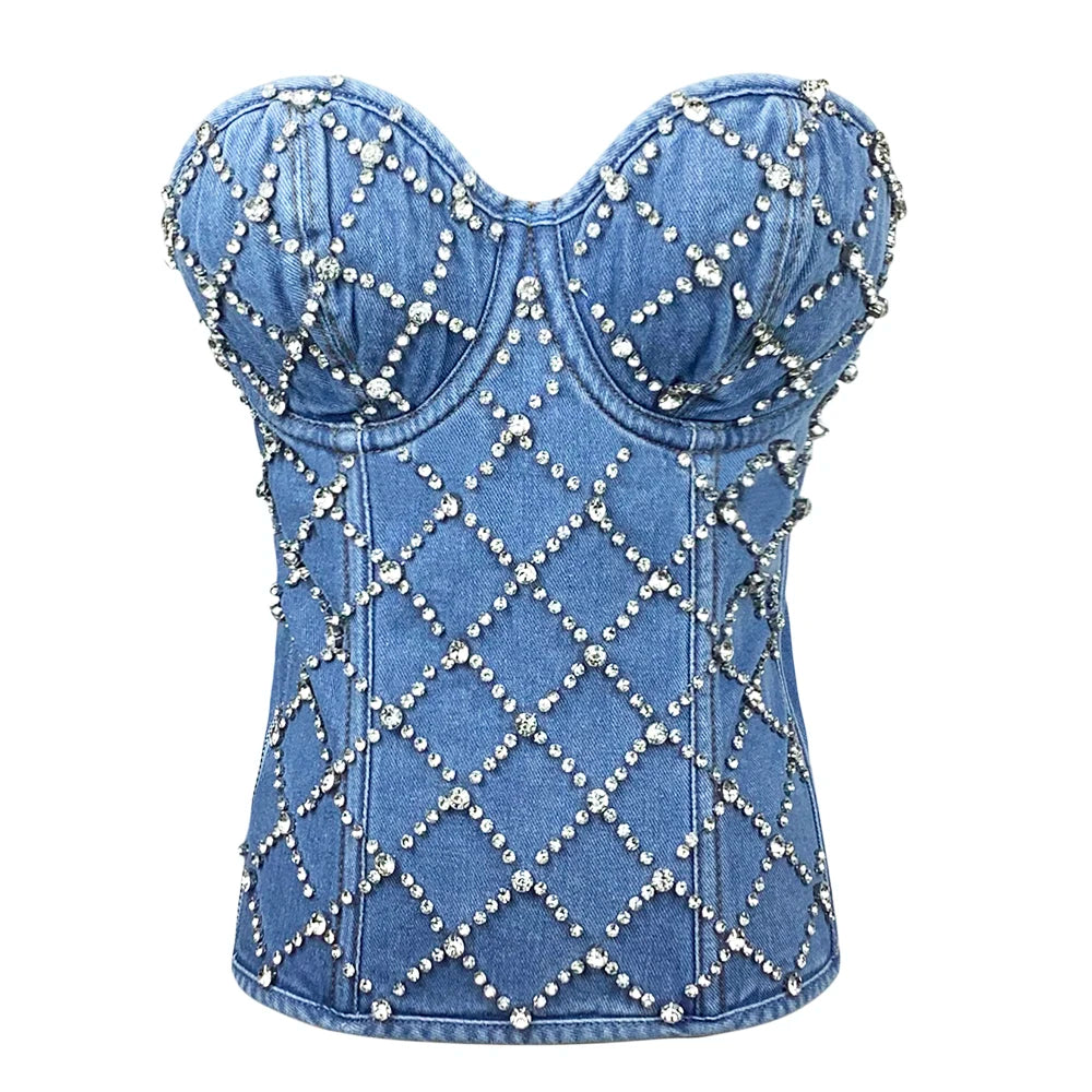 IMIEMIE SXTHAENOO Women Sexy Fashion Crop Top Diamond Flower Strapless Vest Bustier Bra Night Club Party Tank Top Female Ropa De Mujer