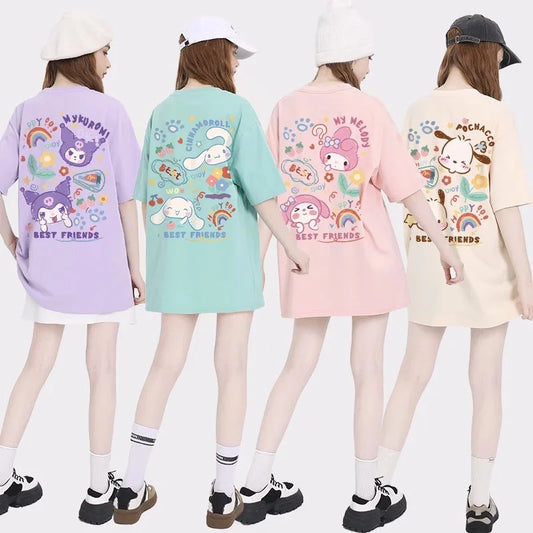 IMIEMIE Sanrio Kuromi Cinnamoroll Cotton Round Neck T-shirt Cartoon my melody Pochacco printing Summer New Short Sleeved For Women