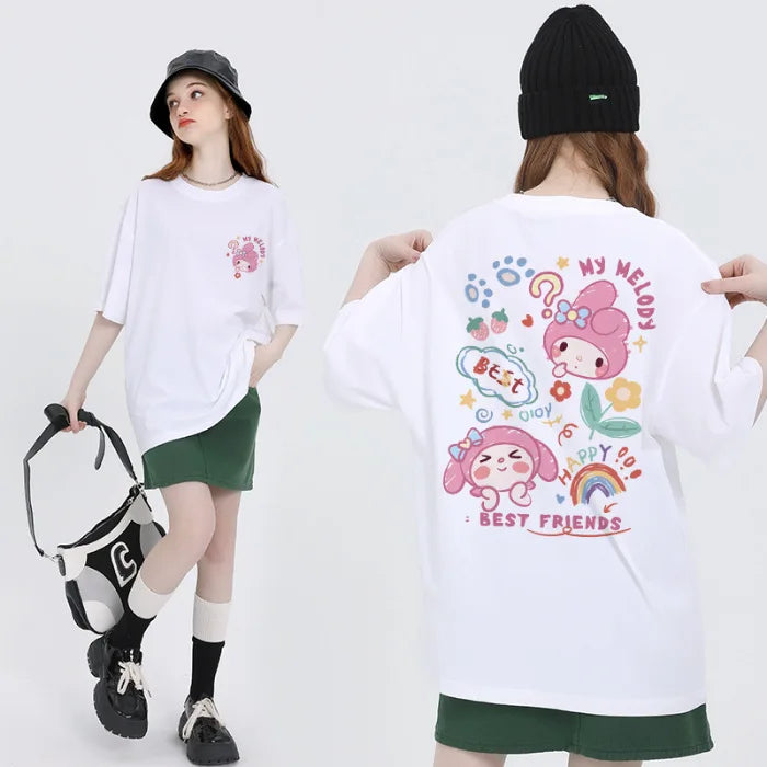 IMIEMIE Sanrio Kuromi Cinnamoroll Cotton Round Neck T-shirt Cartoon my melody Pochacco printing Summer New Short Sleeved For Women