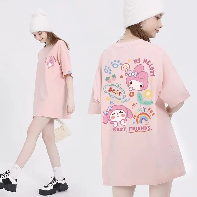 IMIEMIE Sanrio Kuromi Cinnamoroll Cotton Round Neck T-shirt Cartoon my melody Pochacco printing Summer New Short Sleeved For Women