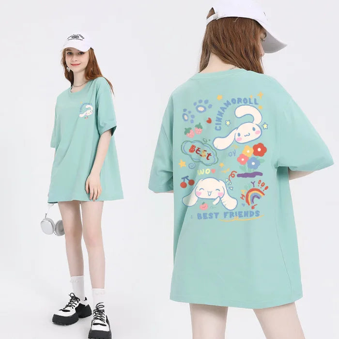 IMIEMIE Sanrio Kuromi Cinnamoroll Cotton Round Neck T-shirt Cartoon my melody Pochacco printing Summer New Short Sleeved For Women