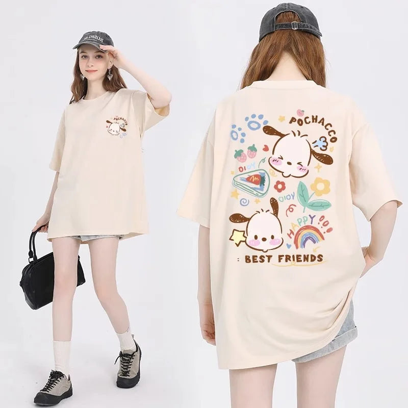 IMIEMIE Sanrio Kuromi Cinnamoroll Cotton Round Neck T-shirt Cartoon my melody Pochacco printing Summer New Short Sleeved For Women