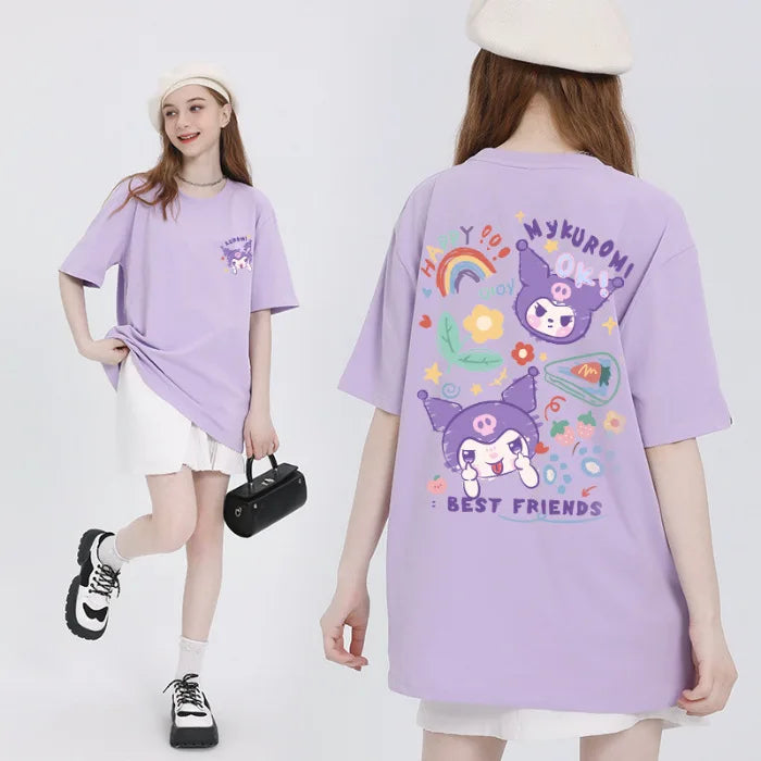 IMIEMIE Sanrio Kuromi Cinnamoroll Cotton Round Neck T-shirt Cartoon my melody Pochacco printing Summer New Short Sleeved For Women