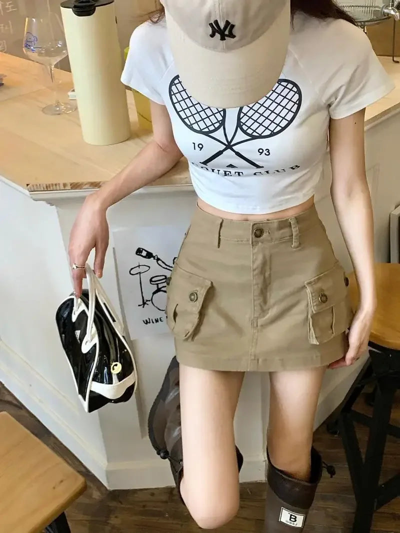 IMIEMIE Women's Summer Chic Khaki Workwear Dress Anti-exposure Slimming Vintage High-waisted A- line Short Skirt Denim Material