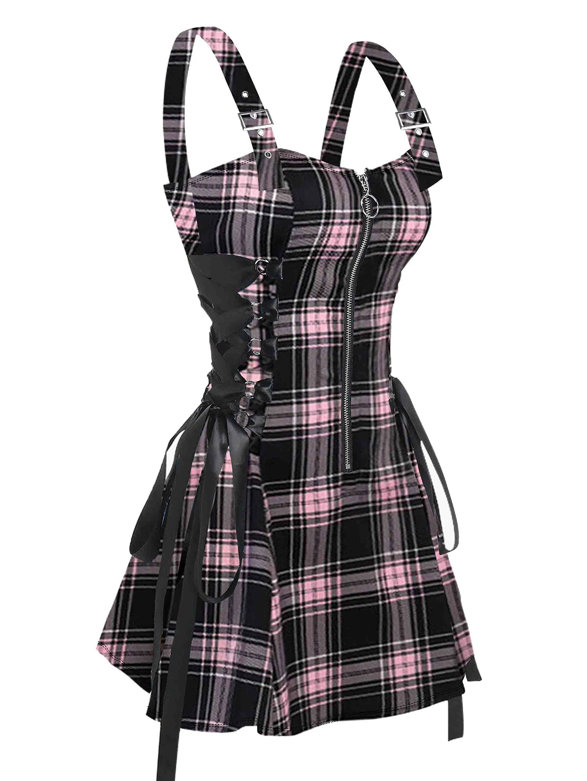 IMIEMIE 2024 New Womens Mini Dresses Retro Plaid Print Lace Up Dress O Ring Half Zipper Adjustable Buckle Strap Sleeveless Dress