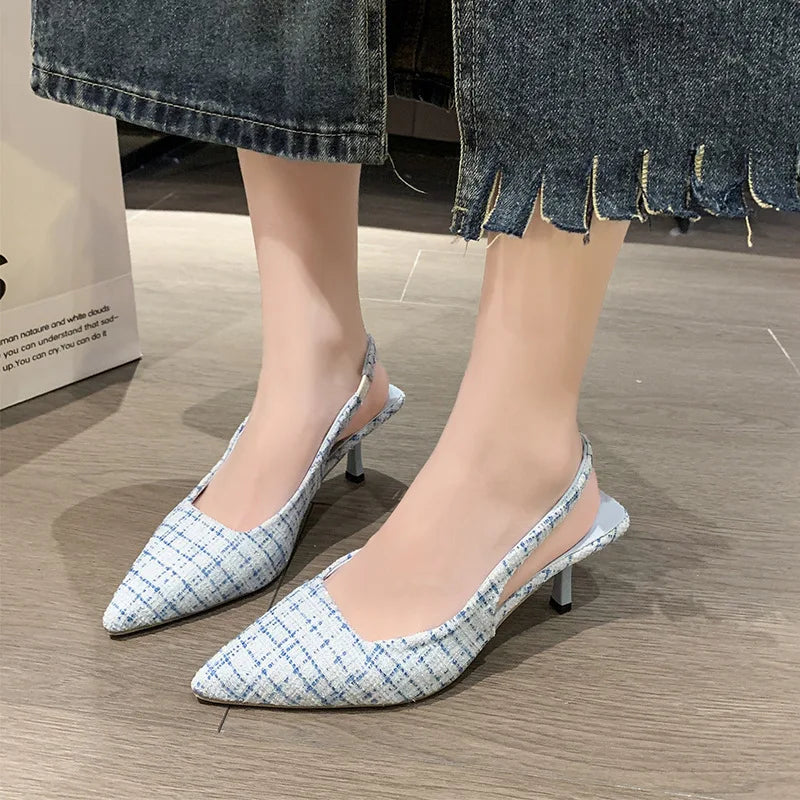 IMIEMIE Sea Salt Blue Pointed High Heel Sandals for Women Back Hollow Half Headed Single Shoes Fashion Versatile Casual Shoes