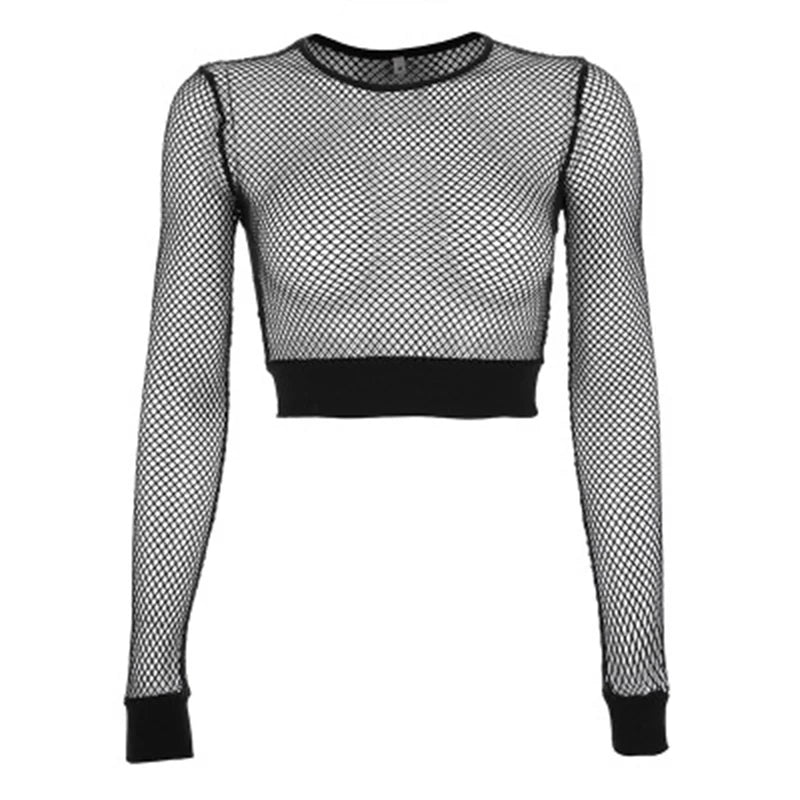 IMIEMIE Sexy Black Hollow Out Mesh T-Shirt Female Skinny Crop Top 2024 New Fashion Summer Basic Tops For Women Fishnet Shirt