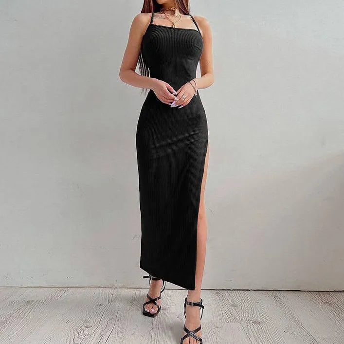 IMIEMIE Sexy Black Long Bodycon Dress Women Summer Sleeveless Blackless Halter Neck Spaghetti Strap Dresses High Split Vestidos