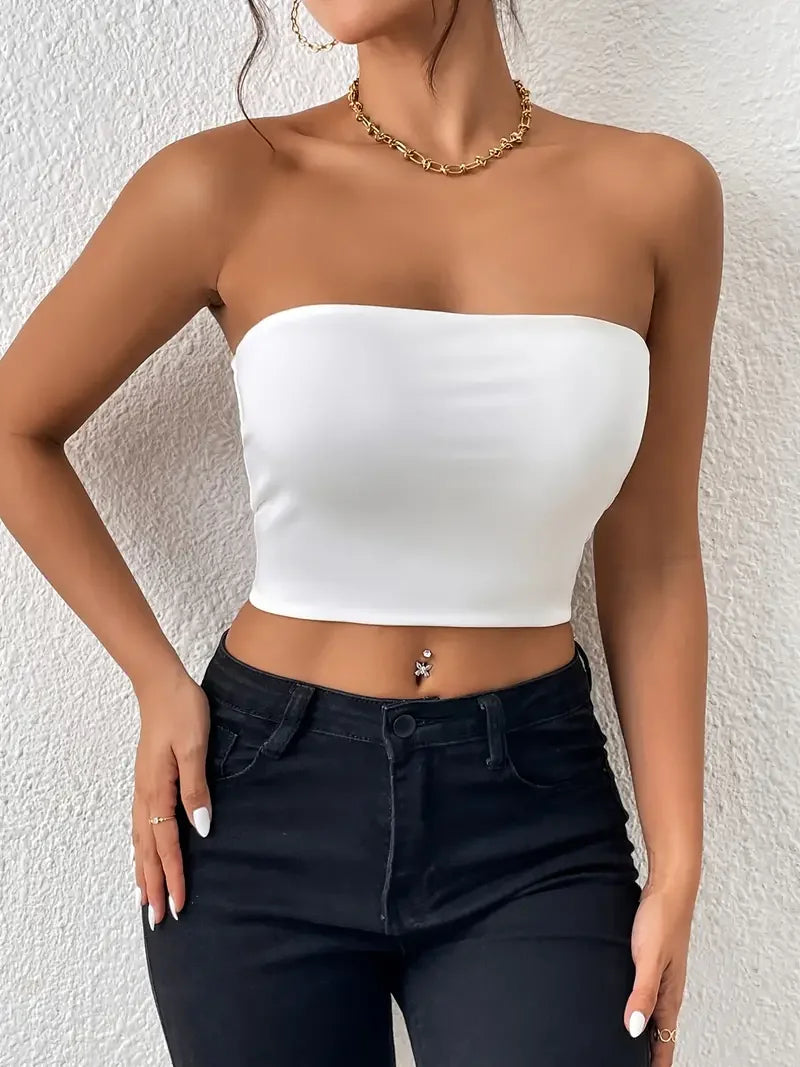 IMIEMIE Sexy Bodycon Crop Tube Top, Solid Stretchy Tube Top, Casual Every Day Tops, Women's Clothing