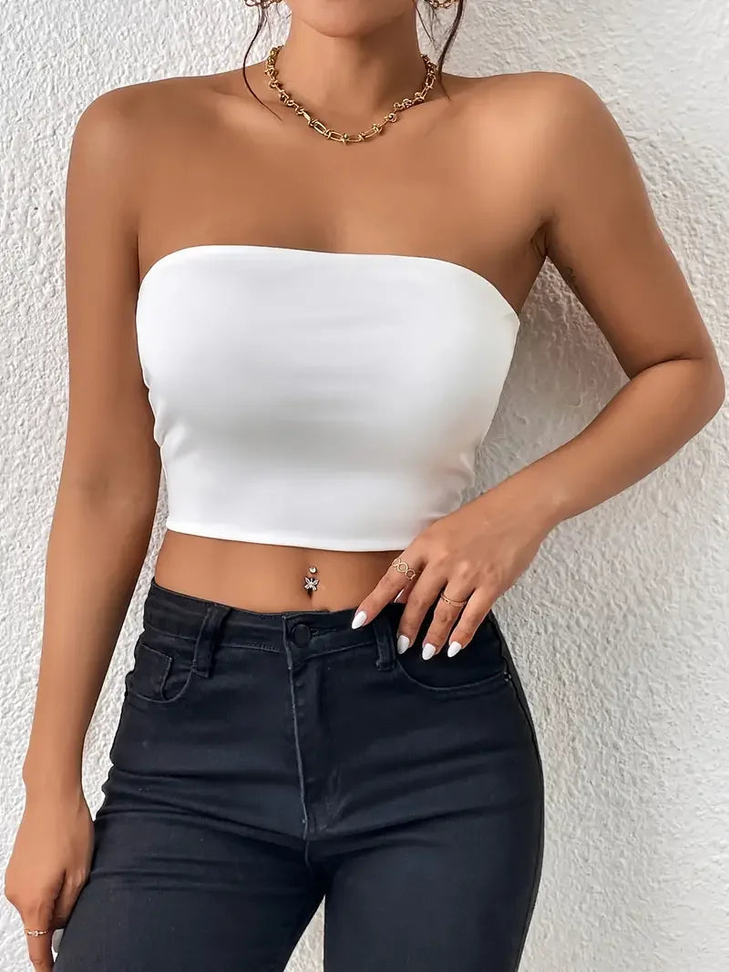 IMIEMIE Sexy Bodycon Crop Tube Top, Solid Stretchy Tube Top, Casual Every Day Tops, Women's Clothing