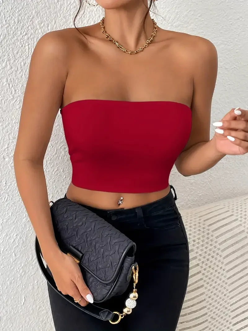 IMIEMIE Sexy Bodycon Crop Tube Top, Solid Stretchy Tube Top, Casual Every Day Tops, Women's Clothing