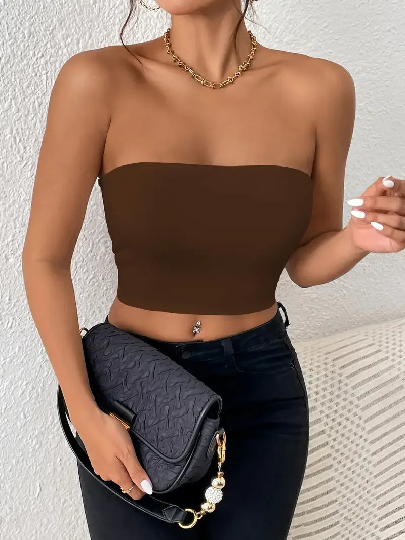 IMIEMIE Sexy Bodycon Crop Tube Top, Solid Stretchy Tube Top, Casual Every Day Tops, Women's Clothing