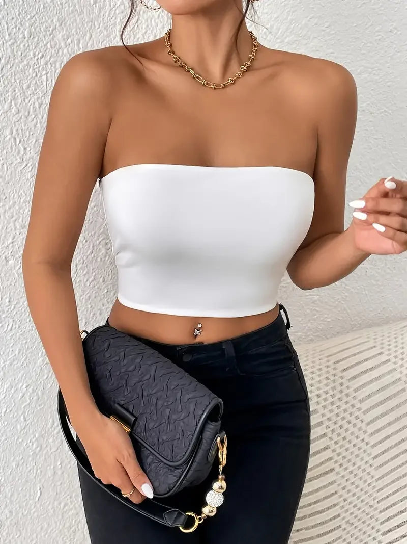 IMIEMIE Sexy Bodycon Crop Tube Top, Solid Stretchy Tube Top, Casual Every Day Tops, Women's Clothing