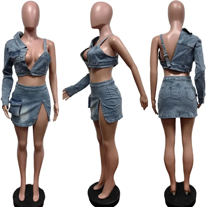 IMIEMIE Sexy Club Party Denim Two Piece Set for Women Y2K Clothing Asymmetric One Sleeve Crop Top and Mini Skirt Matching Sets Outfits