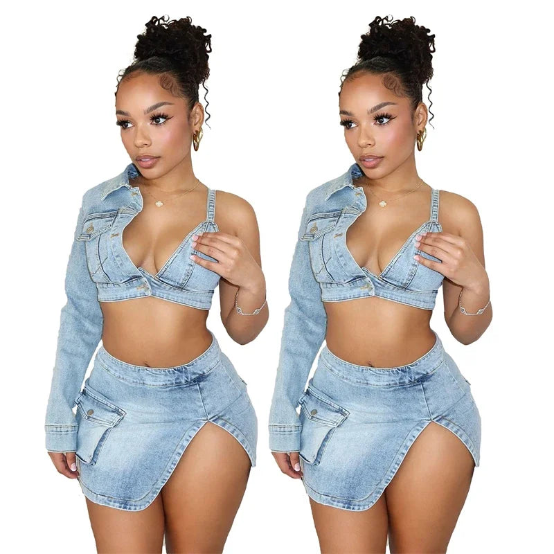 IMIEMIE Sexy Club Party Denim Two Piece Set for Women Y2K Clothing Asymmetric One Sleeve Crop Top and Mini Skirt Matching Sets Outfits