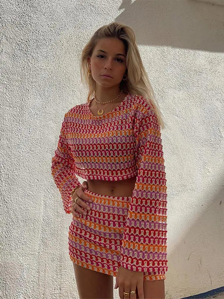 IMIEMIE Sexy Colorful Stripe Printed Crop Top Mini Dress Suit Women Chic Round Neck Flare Long Sleeve Short Tops Hip Wrap Slim Skirt Set