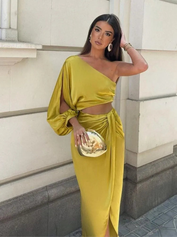 IMIEMIE Sexy Cut Out Asymmetrical Midi Dress Women Fashion One Shoulder Diagonal Collar Split Dresses 2024 SummerLady Party Club Vestido