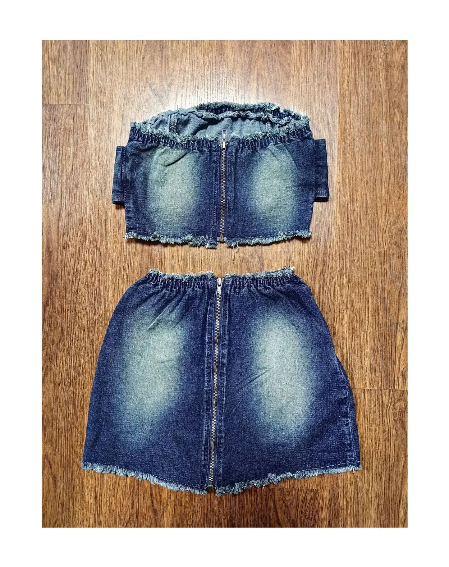 IMIEMIE Sexy Denim Two Pieces Skirt Set Strapless Sleeveless Zipper Tube Top Mini Skirts Suit Night Club Party Jean Women Clothings 2024