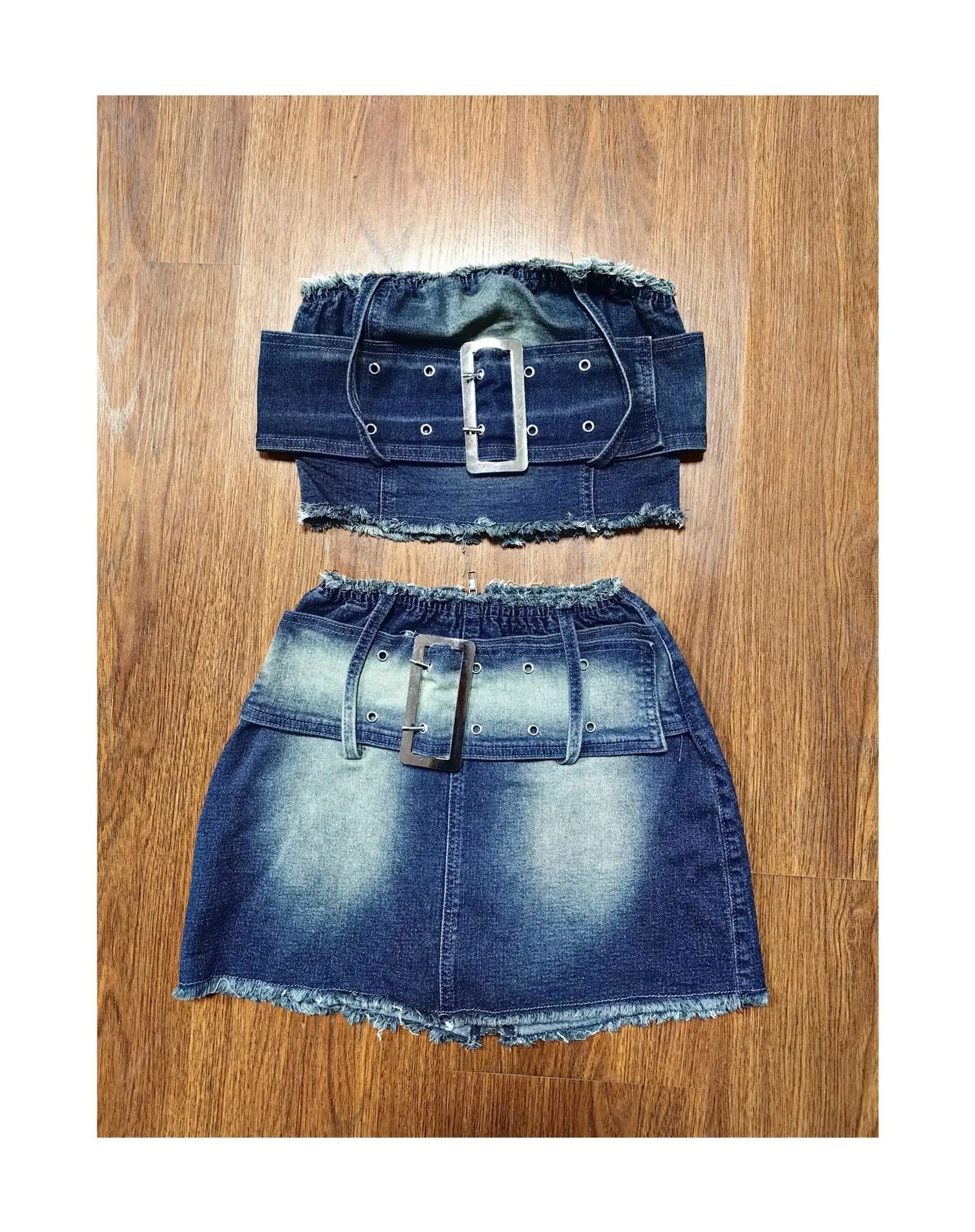 IMIEMIE Sexy Denim Two Pieces Skirt Set Strapless Sleeveless Zipper Tube Top Mini Skirts Suit Night Club Party Jean Women Clothings 2024