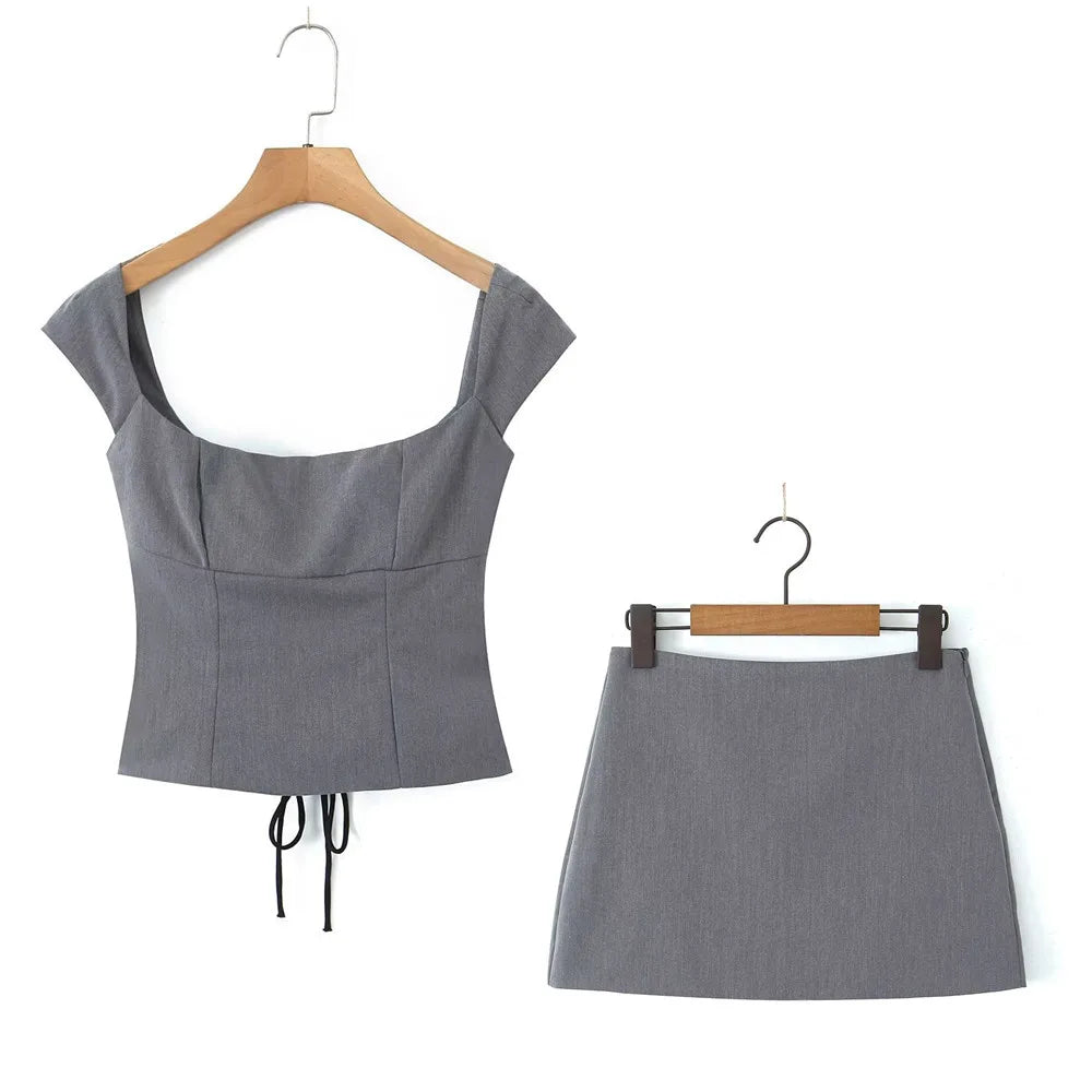 IMIEMIE Sexy Gray Slash Collar Cross Lacing Up Back Crop Top Women High Waist Package Hips Mini Skirt Suits 2 pieces 1 Set