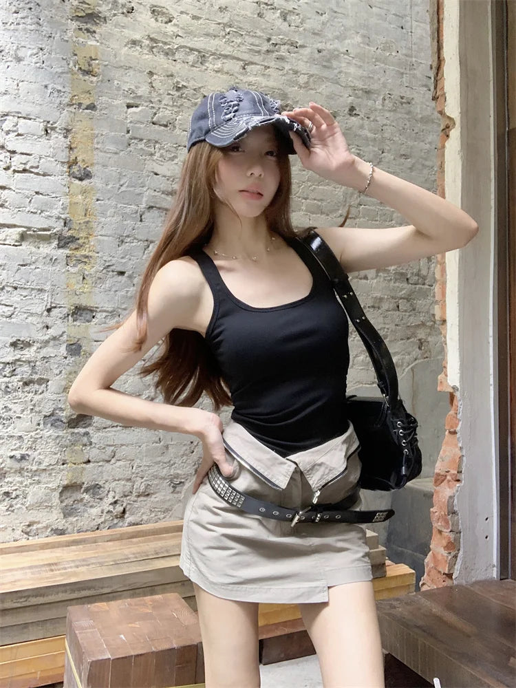 IMIEMIE Sexy Hot Girls New Summer Two Piece Skirt Sets Square Neck Sleeve Slim Vest Tops + High Waist Slim Cargo Skirts Female Outfits