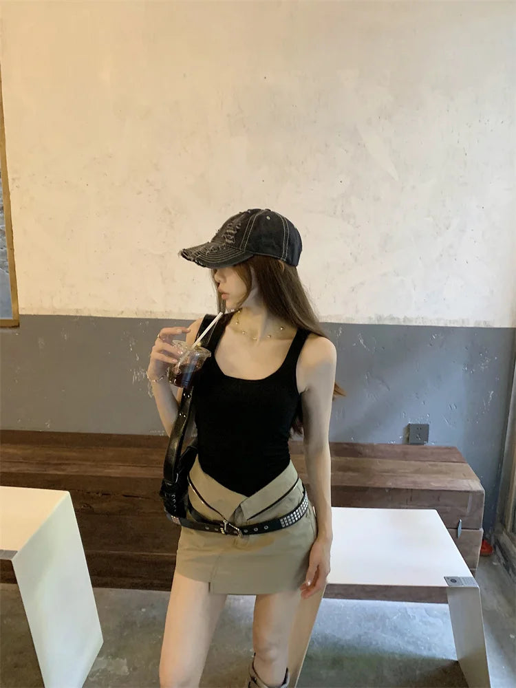 IMIEMIE Sexy Hot Girls New Summer Two Piece Skirt Sets Square Neck Sleeve Slim Vest Tops + High Waist Slim Cargo Skirts Female Outfits