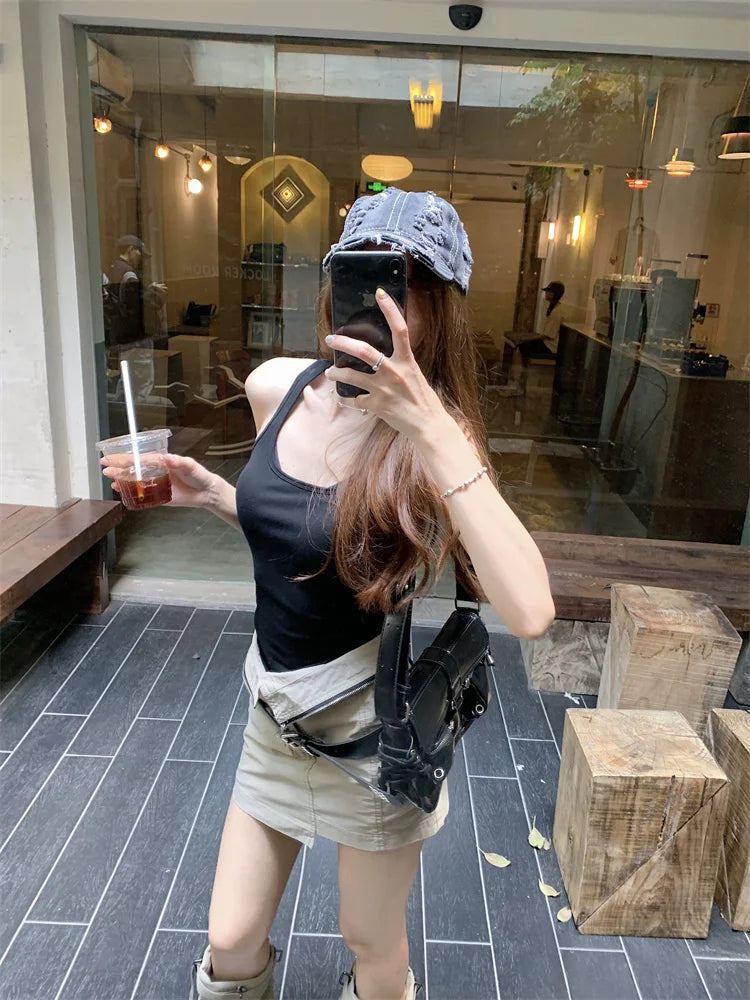 IMIEMIE Sexy Hot Girls New Summer Two Piece Skirt Sets Square Neck Sleeve Slim Vest Tops + High Waist Slim Cargo Skirts Female Outfits