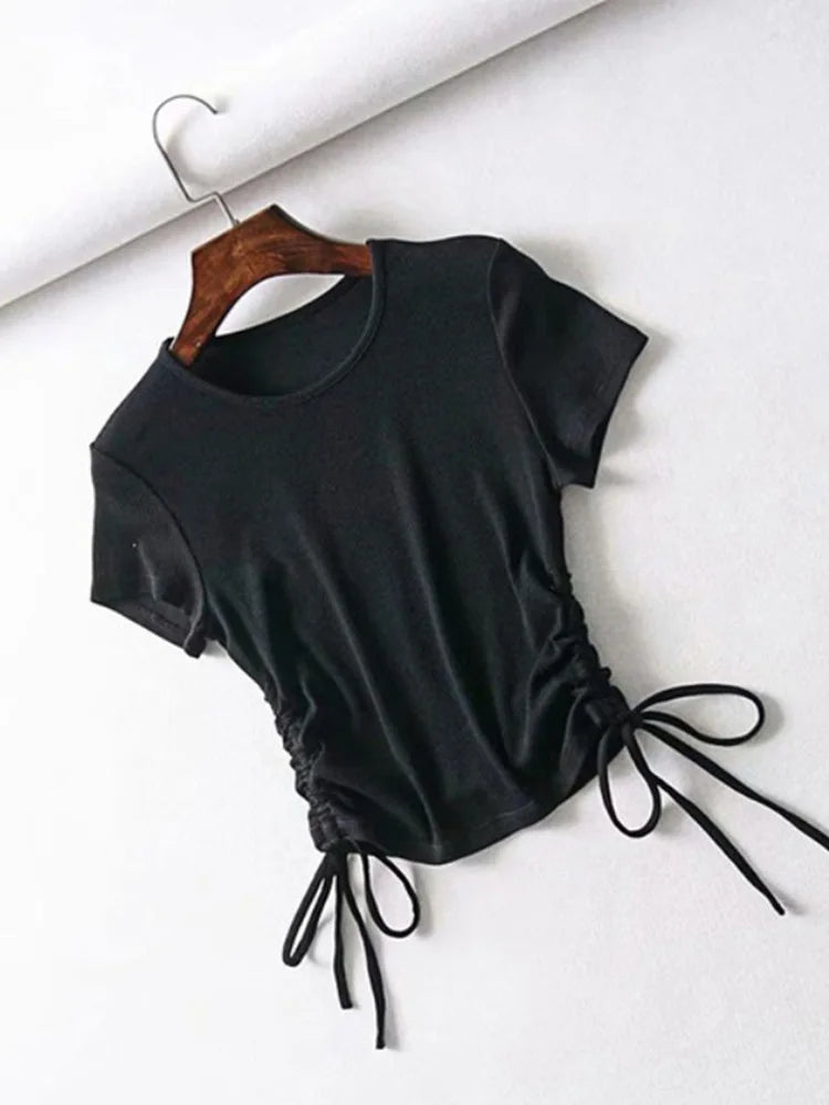 IMIEMIE Sexy Side Drawstring Tie Up Ruched Tank Tops Women Solid Color Slim Crop Top Ladies Streetwear Ribbed Knitted Tees