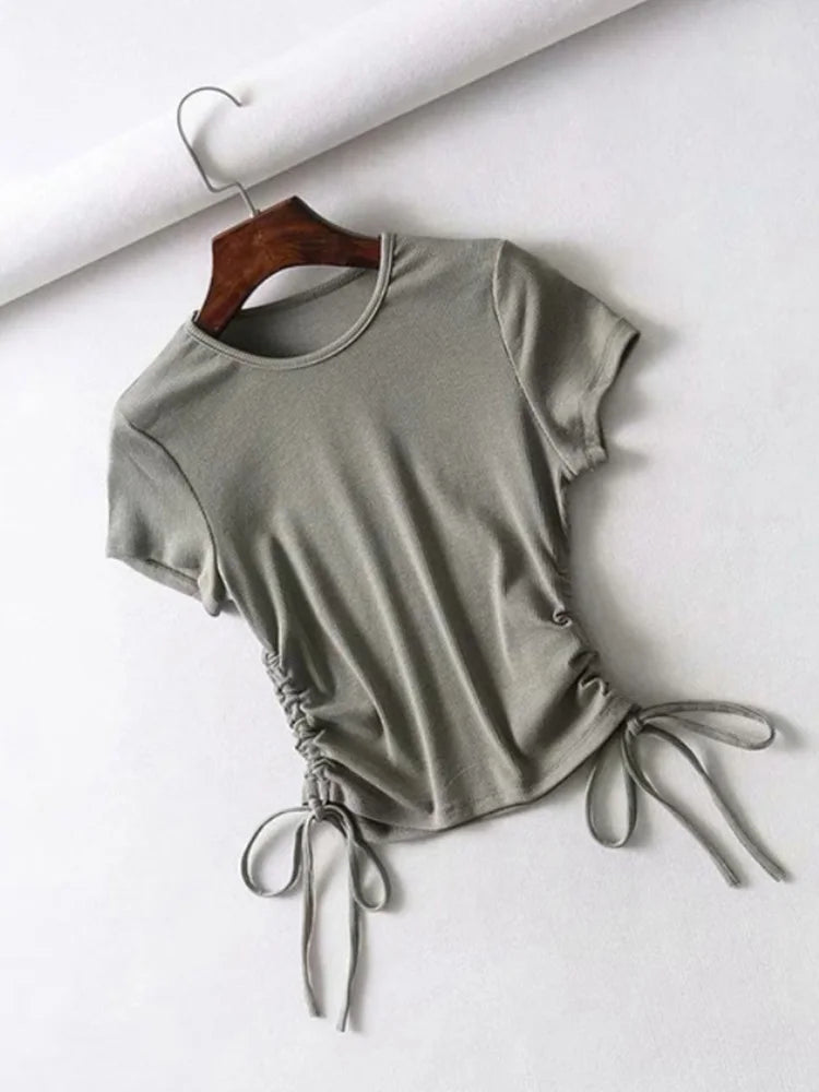 IMIEMIE Sexy Side Drawstring Tie Up Ruched Tank Tops Women Solid Color Slim Crop Top Ladies Streetwear Ribbed Knitted Tees