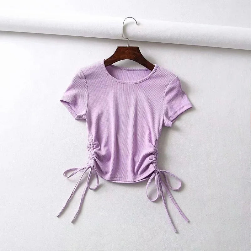 IMIEMIE Sexy Side Drawstring Tie Up Ruched Tank Tops Women Solid Color Slim Crop Top Ladies Streetwear Ribbed Knitted Tees