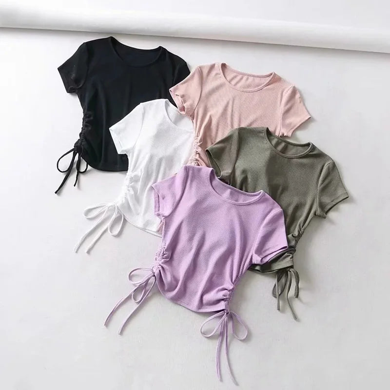 IMIEMIE Sexy Side Drawstring Tie Up Ruched Tank Tops Women Solid Color Slim Crop Top Ladies Streetwear Ribbed Knitted Tees