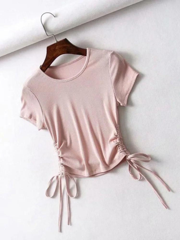 IMIEMIE Sexy Side Drawstring Tie Up Ruched Tank Tops Women Solid Color Slim Crop Top Ladies Streetwear Ribbed Knitted Tees