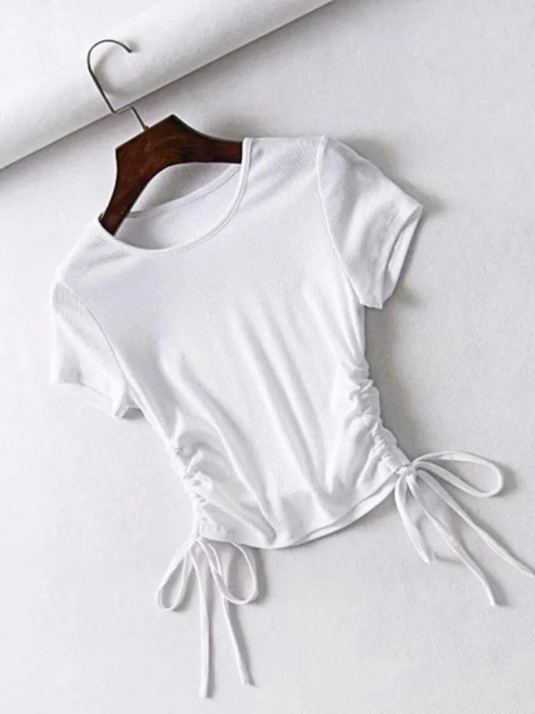 IMIEMIE Sexy Side Drawstring Tie Up Ruched Tank Tops Women Solid Color Slim Crop Top Ladies Streetwear Ribbed Knitted Tees