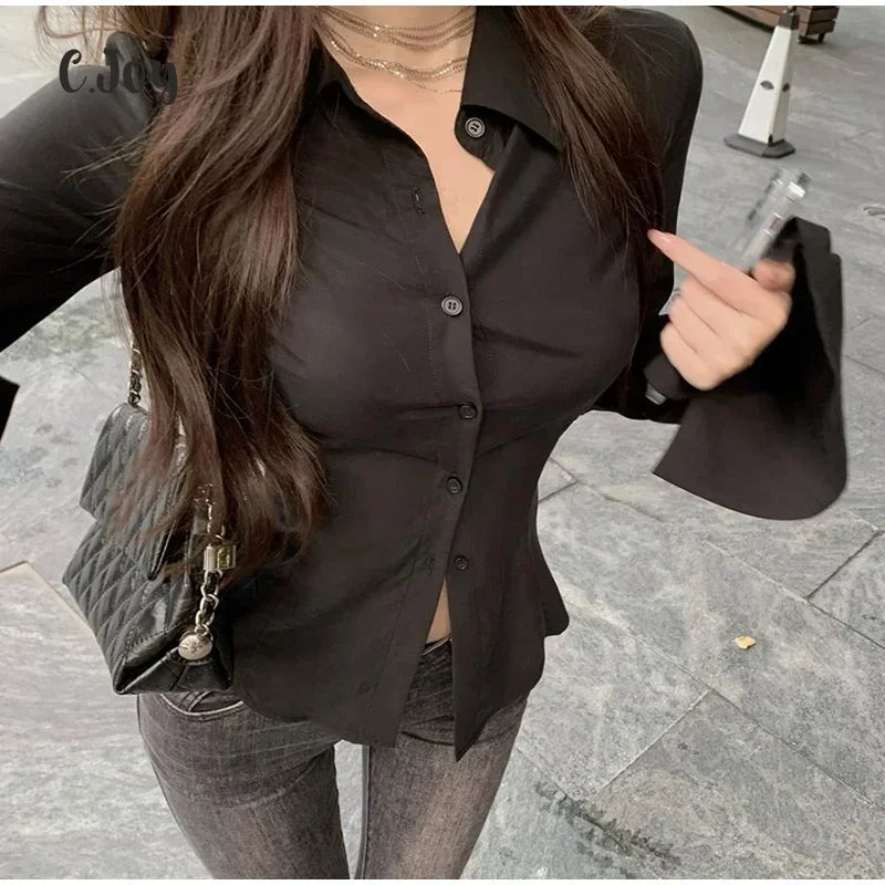 IMIEMIE Sexy Solid Slim Flared Sleeve Women Shirt Lapel Single-breasted Back Bandage Tunic Female Blouses 2024 Spring Trend New Lady Top