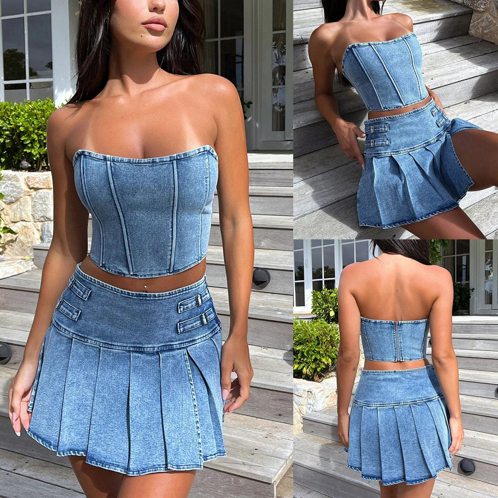 IMIEMIE Sexy Summer Outfits Women 2024 Fashion Jean Dress with Skirt 2 Piece Sets Bustier Blue Denim Two Piece Outfit Split Skirt Set